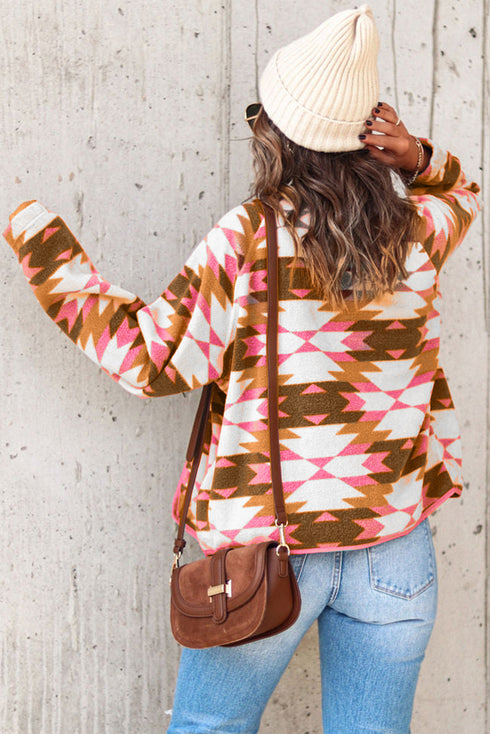 Western Aztec Buttoned Zipper Pockets Fleece Jacket